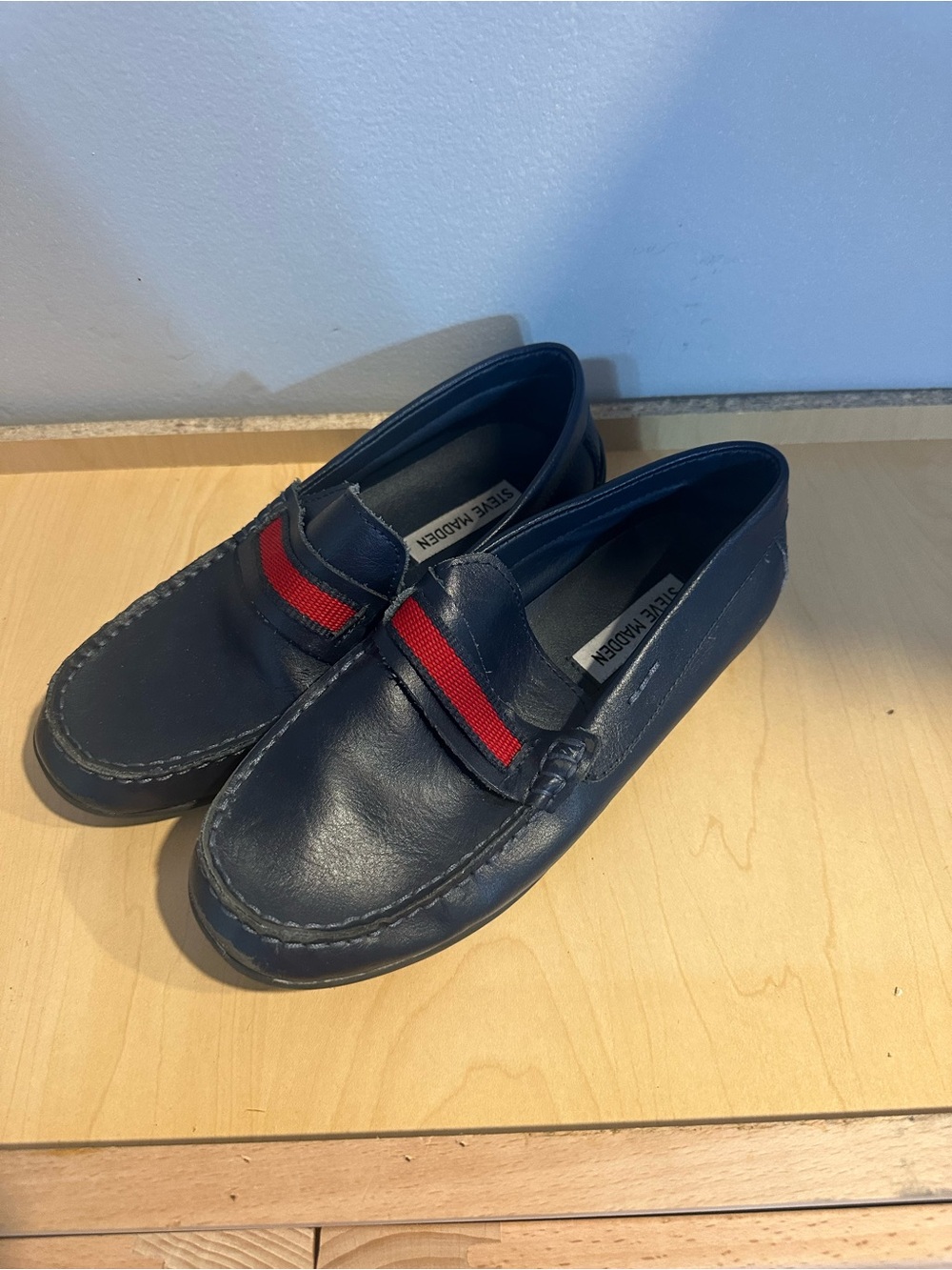 Steve Madden Navy Leather Kids Slip-On Loafers with Red Accent